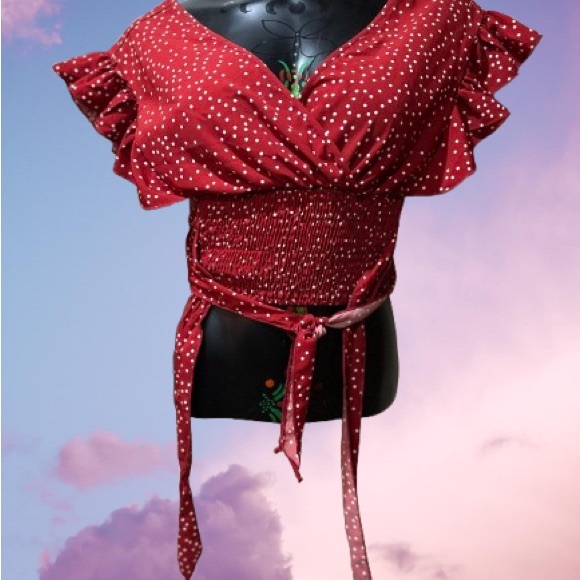 Blouse with Ruffle Sleeves [red polka dot] - Picture 1 of 6